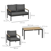 Outsunny Conjunto Móveis de Jardim 4 Peças 4 Pessoas com Sofá de 2 Lugares Poltronas e Mesa de Centro 8 Almofadas Preto Cinza Escuro(m-3)