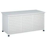 Outsunny Baúl de Almacenaje Exterior 284L Arcón de Jardín de Madera Impermeable con Tapa Abrible y Diseño Persiana 127x56x60 cm Blanco(m-10)