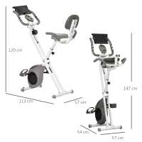 HOMCOM Bicicleta Estática Magnética Dobrável Fitness Interior Encosto Selim Ajustável Pegas Tela LCD Suporte Tablet Aço Branco Cinza(m-3)