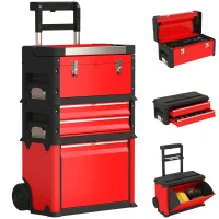 HOMCOM Conjunto de 3 Caixas de Ferramentas Sobre Rodas Empilháveis e Modulares em Aço com Bandeja Alças e Fechadura Vermelho(m-6)