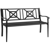 Outsunny Banco de Jardim 2 Lugares BancoTerraço Pátio Encosto Alto Assento de Ripas Apoios de Braços Aço 128x62,5x81,5 cm Preto(m-6)