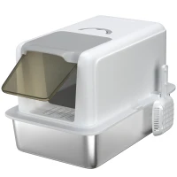 Pawhut Caixa de Areia para Gatos Bandeja em Aço Inoxidável Filtro Pá para Gatos Até 6 Kg 40,5x60,5x41,5 cm Branco Prateado(m-1)