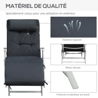 Outsunny Bain de Soleil Pliable transat inclinable 7 Positions Chaise Longue Grand Confort avec Matelas + accoudoirs métal époxy textilène Polyester Noir(m-6)