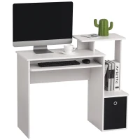 HOMCOM Secretária de Computador Multimídia com Prateleiras Bandeja Teclado Cesta Painéis de Partículas Branco(m-6)