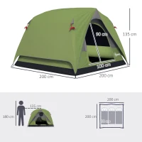 Outsunny Barraca de Camping 2-4 Pessoas Barraca Dome Familiar Impermeável com Janelas Bolso Bolsa de Transporte Verde Oliva(m-3)