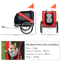 Pawhut Carretinha de Bicicleta para Cães Animais 8 Refletores Bandeira Aço Poliéster Impermeável Máx.30 Kg 130x73x90 cm Vermelho(m-3)