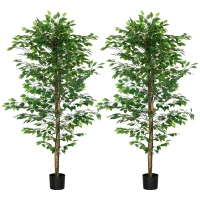HOMCOM Conjunto de 2 Plantas Artificiais Ficus Altura 1,80 m Tronco Ramificações Cipó Musgo Folhas Alta Realismo Vaso Incluso Verde(m-1)