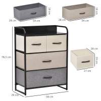 HOMCOM Móvel de Armazenamento Toucador 4 Gavetas em Tecido 58x29x78,5 cm Preto Cinza Cru Bege(m-3)