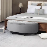 HOMCOM Banco de Armazenamento Baú de Armazenamento Capitonê Meia Lua Revestimento de Veludo Pés Madeira de Hévea 120x46x42 cm Cinza(m-4)