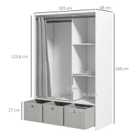 HOMCOM Armário de Roupas Armário de Armazenamento com Cabide Cortinas 3 Gavetas de Tecido Removíveis 105x48x160 cm Branco(m-3)