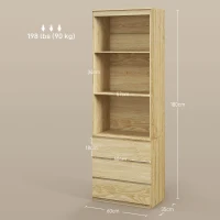 HOMCOM Estante Alta de 180 cm com 3 Prateleiras e 3 Gavetas 60x35x180 cm Painéis de Partículas Efeito Madeira(m-3)
