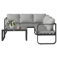 Outsunny Conjunto de Mobiliário de Jardim Exterior 3 Peças em L com Sofás e Mesa de Café em Vidro Assento Ajustável 5 Posições Cinza(m-6)