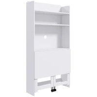 HOMCOM Mesa de Computador com Prateleiras de Arrumação Tampo Rebatível 2 Rodas para Quarto Sala 80x69x153 cm Branco(m-1)