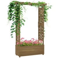 Outsunny Jardineira com Treliça e Arco Vaso de Flores com Furo de Drenagem para Planta Trepadeira 112x41x180 cm Marrom(m-6)