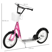 HOMCOM Patinete Infantil Tretroller com Freio Incl. Cesto Ajustável em Altura para Crianças de 5-12 Anos Branco Rosa(m-3)