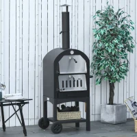 Outsunny Forno de Pizza Exterior a Carvão Churrasqueira com Rodas Forno de Lenha Pedra Refratária Chaminé Termômetro Aço Preto Cinza(m-2)