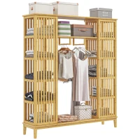 HOMCOM Armário de Bambu com 2 Portas de Correr Prateleiras e Barra Grande Armário para O Quarto 145x35x165 cm(m-6)