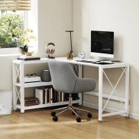 HOMCOM Bureau d'angle modulable réversible, bureau avec rangement, étagère de rangement, cadre en métal, 135x110x75cm, blanc(m-7)