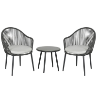 Outsunny Conjunto de Jardim Salão de Jardim em Vime Estrutura de Aço 2 Cadeiras 1 Mesa de Café Almofadas Incluídas Cinza