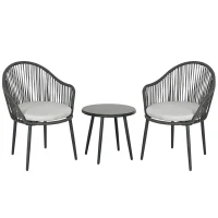 Outsunny Conjunto de Jardim Salão de Jardim em Vime Estrutura de Aço 2 Cadeiras 1 Mesa de Café Almofadas Incluídas Cinza(m-1)