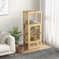 Pawhut Gaiola para Hamsters ou Pequenos Animais em Madeira 5 Níveis com Escada Cabana Balanço 54x38x131 cm Natural(m-2)