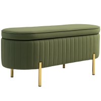 HOMCOM Banco Baú Oval de 72L com Tampa Levantável em Tecido de Efeito Veludo e Madeira 108x44x43,5 cm Verde
