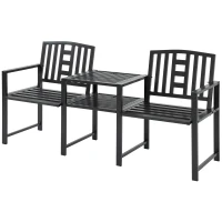 Outsunny Banco de Jardim Moderno 2 Lugares com Mesa e Furo para Guarda Sol Mobiliário de Exterior 165x56x85,5 cm Preto(m-6)