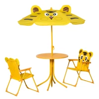 Outsunny Conjunto de Mobiliário de Jardim para Crianças 4 Pcs Tigre Mesa Redonda 2 Cadeiras Dobráveis Guarda Sol Metal Oxford Amarel(m-7)