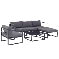 Outsunny 6-tlg. Gartenset Gartengarnitur Gartensofaset Sitzgruppe Gartenmöbel Aluminium + Polyester + Hartglas Grau mit Kissen für 4–5 Personen(m-1)