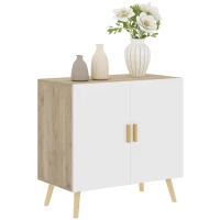 HOMCOM Buffet Móvel de Armazenamento com Alças de Bambu Prateleira Ajustável Base Elevada 76x41,2x74 cm Branco Madeira Natural(m-6)