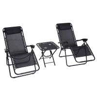Outsunny Set de 2 Sillas de Gravedad Cero Plegables 90x65x110 cm y Mesa Auxiliar 50x50x50 cm con 2 Portavasos Sillas Reclinables con Reposacabezas para Jardín Terraza Negro(m-1)