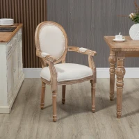 HOMCOM Cadeira de Sala de Jantar Cadeira de Sala Medalhão Estilo Luís xvi Madeira Maciça Patinada e Esculpida Tecido Linho Creme(m-2)
