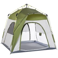 Outsunny Tenda de Campismo Familiar para 4 Impermeável Ventilação 4 Janelas Pop-Up2,4x2,4x1,99 m Fibra de Vidro Poliéster Verde Cinza(m-7)