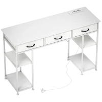 HOMCOM Mesa com Armazenamento com Tomadas Elétricas 3 Gavetas de Tecido e 4 Prateleiras de Armazenamento 120x40x76 cm Branco(m-1)