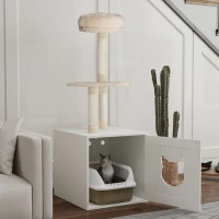 Pawhut Árvore para Gatos com Casa de Banho Torre de Jogo 2 em 1 de 129 cm com Cache Litière Postes para Arranhar Creme(m-4)