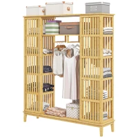 HOMCOM Armário de Bambu com 2 Portas de Correr Prateleiras e Barra Grande Armário para O Quarto 145x35x165 cm(m-7)