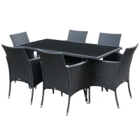 Outsunny Ensemble Salon de Jardin 6 Personnes - Grande Table rectangulaire, 6 fauteuils - 6 Coussins d'assise déhoussables Inclus - métal époxy Verre trempé 5 mm résine tressée Noire(m-11)