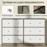 HOMCOM Cassettiera 6 Cassetti Pieghevoli con Maniglie Doppie, in Legno, Acciaio e Tessuto, 114x30x70 cm, Bianco e Grigio(m-6)