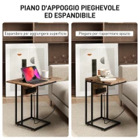 HOMCOM Tavolino da Salotto a C Espandibile con 2 Stazioni di Ricarica, in Legno e Metallo, 39x29x57 cm, Nero e Marrone(m-4)