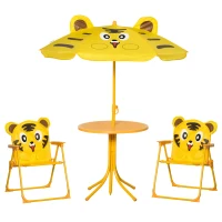 Outsunny Conjunto de Mobiliário de Jardim para Crianças 4 Pcs Tigre Mesa Redonda 2 Cadeiras Dobráveis Guarda Sol Metal Oxford Amarel(m-6)