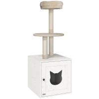 Pawhut Árvore para Gatos com Casa de Banho Torre de Jogo 2 em 1 de 129 cm com Cache Litière Postes para Arranhar Creme(m-1)