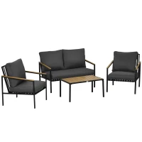 Outsunny Conjunto Móveis de Jardim 4 Peças 4 Pessoas com Sofá de 2 Lugares Poltronas e Mesa de Centro 8 Almofadas Preto Cinza Escuro(m-6)
