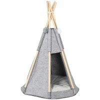 Pawhut Tenda Teepee para Animais Gato ou Cão Almofada Espessa 2 Pompons Incluídos Estrutura de Pinho Feltro Pelúcia Cinza(m-1)