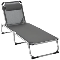 Outsunny Bain de soleil chaise longue pliante avec appuie-tête, transat inclinable en aluminium et textilène, transat jardin extérieur pour plage relax camping piscine terrasse, 165x60x76cm, gris(m-1)