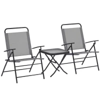 Outsunny Set da Giardino con Tavolo con Piano in Vetro e 2 Sedie Pieghevoli con Schienale Regolabile, Grigio(m-1)