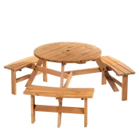 Outsunny 6 Seater Wooden Picnic Table and Garden Benches Set, Round Garden Dining Set with 3 Benches and Umbrella Hole Outdoor Garden Park, Brownish Red(m-1)
