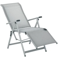Outsunny Chaise longue pliable transat bain de soleil fauteuil relax jardin avec dossier & repose-pied réglable multi-positions, métal époxy textilène, gris(m-1)