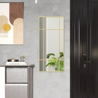 HOMCOM Espelho de Parede Vitral Retangular Estilo Janela Horizontal ou Vertical com 4 Ganchos em Metal Dourado 110x50 cm(m-5)
