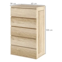 HOMCOM Cômoda 5 Gavetas Móvel de Armazenamento estilo Minimalista 60x38x100 cm Madeira Natural(m-3)