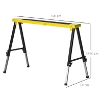 DURHAND Conjunto de 2 Cavaletes Dobráveis Telescópicos Ajustáveis 100x60x62-90 cm Superfície Antiderrapante Metal Preto Amarel(m-3)
